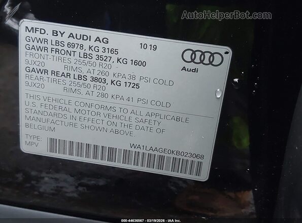 WA1LAAGE0KB023068 2019 AUDI E-TRON Black Vista del compartimento del motor