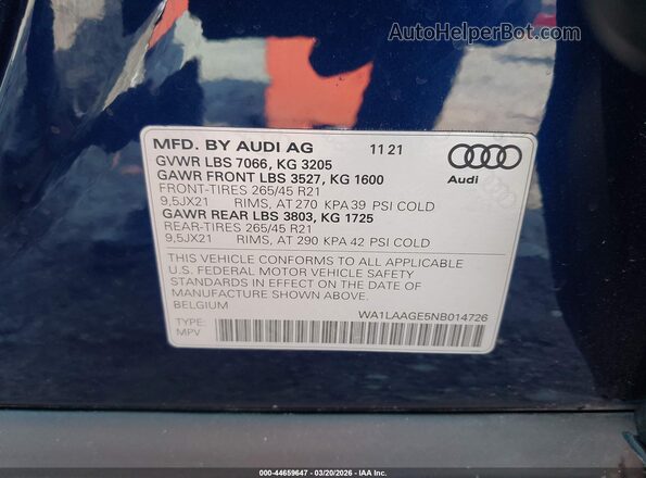 WA1LAAGE5NB014726 2022 AUDI E-TRON Dark Blue ძრავის განყოფილების ხედი