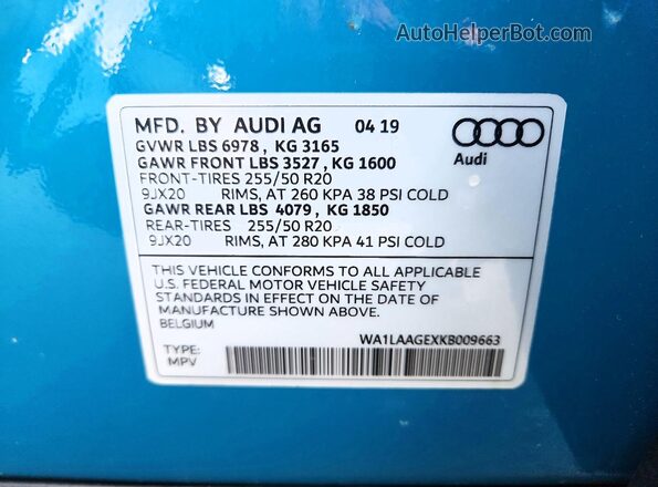 WA1LAAGEXKB009663 2019 AUDI E-TRON Blue ძრავის განყოფილების ხედი