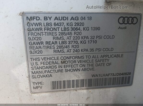WA1LHAF73JD040528 2018 AUDI Q7 Белый Вид подкапотного пространства