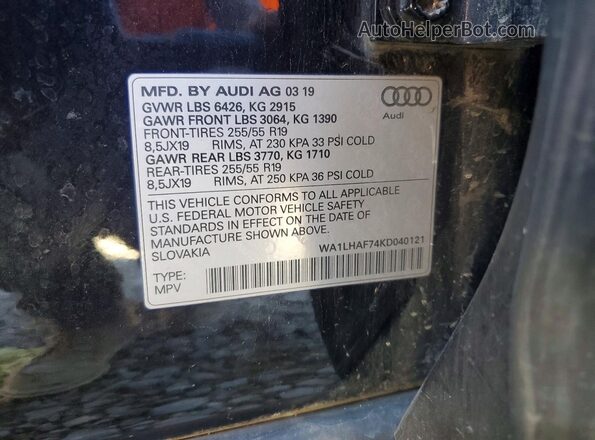 WA1LHAF74KD040121 2019 AUDI Q7 Черный Вид наклейки с VIN-кодом