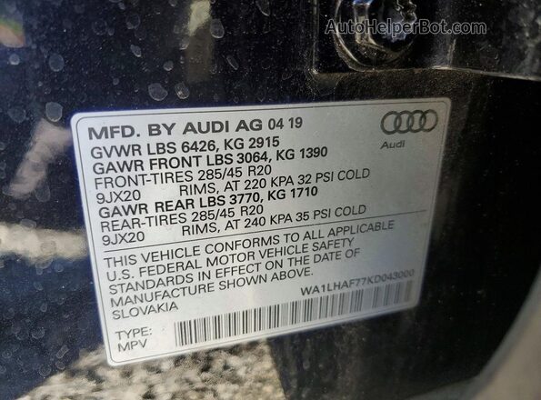 WA1LHAF77KD043000 2019 AUDI Q7 Черный Вид наклейки с VIN-кодом