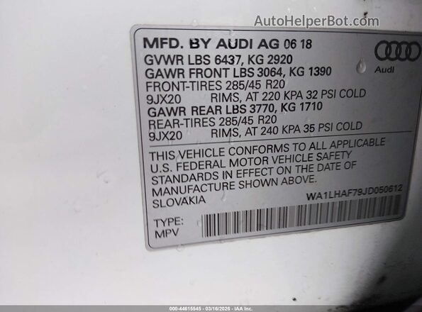 WA1LHAF79JD050612 2018 AUDI Q7 White Вид підкапотного простору