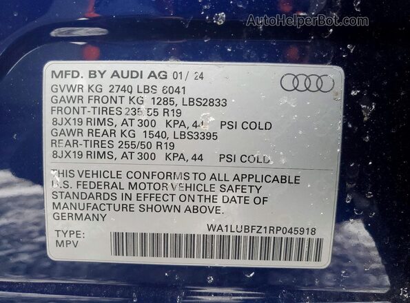 WA1LUBFZ1RP045918 2024 AUDI Q4 Blue VIN კოდის სტიკერის ხედი