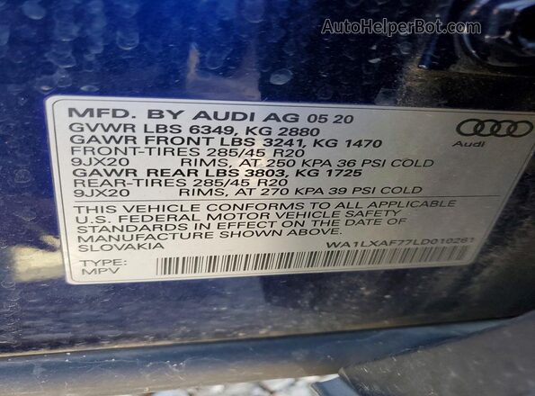 WA1LXAF77LD010261 2020 AUDI Q7 Синий Вид наклейки с VIN-кодом
