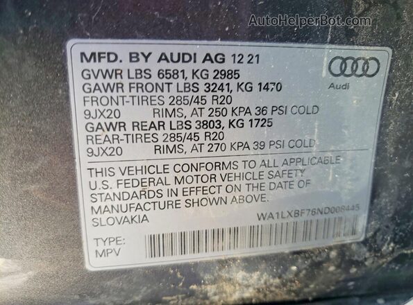 WA1LXBF76ND008445 2022 AUDI Q7 Black VIN კოდის სტიკერის ხედი