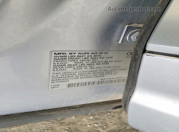 WA1VAAF70KD011602 2019 AUDI Q7 Silver VIN კოდის სტიკერის ხედი