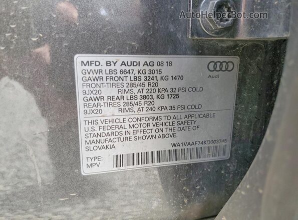 WA1VAAF74KD003745 2019 AUDI Q7 Серебряный Вид наклейки с VIN-кодом