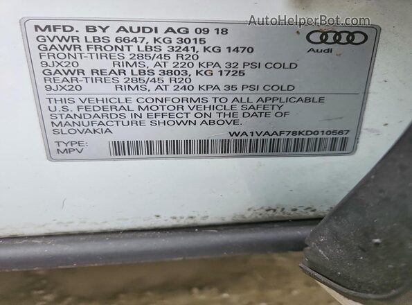 WA1VAAF78KD010567 2019 AUDI Q7 White Widok naklejki z numerem VIN