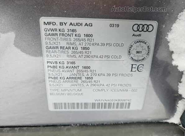 WA1VAAGE0KB008742 2019 AUDI E-TRON Серый Вид подкапотного пространства