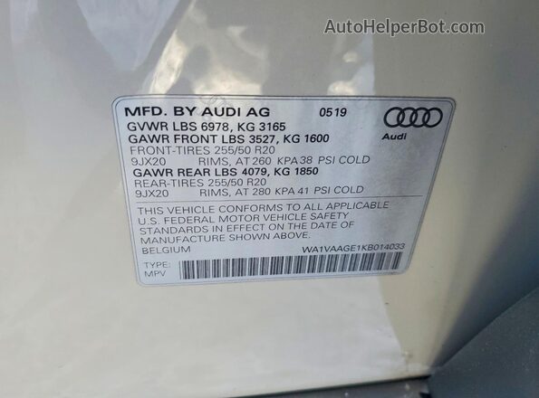 WA1VAAGE1KB014033 2019 AUDI E-TRON Серый Панорамный вид салона 360°