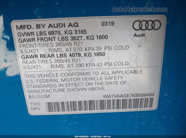 WA1VAAGE7KB008494 2019 AUDI E-TRON Blue Widok komory silnika