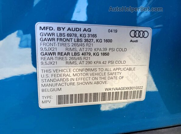 WA1VAAGEXKB010322 2019 AUDI E-TRON Blue Widok wnętrza 360 stopni