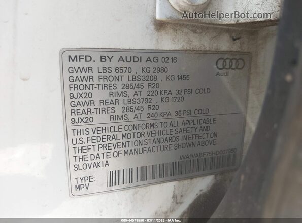 WA1VABF75HD007950 2017 AUDI Q7 Белый Вид подкапотного пространства