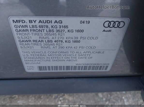 WA1VABGE8KB012625 2019 AUDI E-TRON Gray Widok komory silnika
