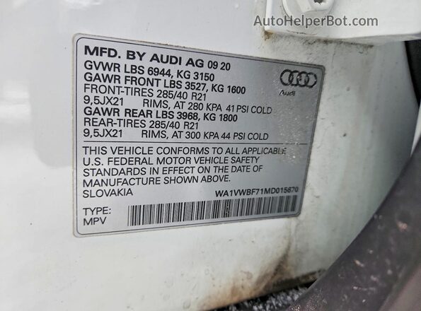 WA1VWBF71MD015670 2021 AUDI SQ7 White Вид підкапотного простору