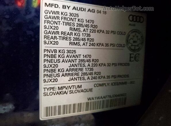 WA1WAAF75JD040922 2018 AUDI Q7 Синий Вид наклейки с VIN-кодом