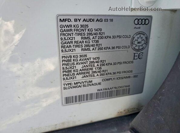 WA1WAAF79JD037649 2018 AUDI Q7 White Widok naklejki z numerem VIN