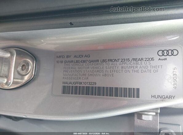 WAUAUGFF8K1013229 2019 AUDI OTHER Серебряный Вид подкапотного пространства