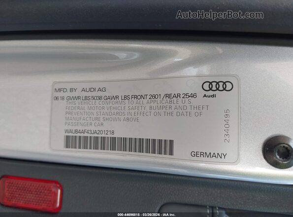 WAUB4AF43JA201218 2018 AUDI S4 Silver Շարժիչի բաժամունքի տեսք