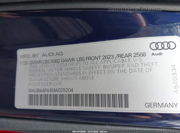 WAUB4AF44MA025204 2021 AUDI S4 Синий Вид подкапотного пространства