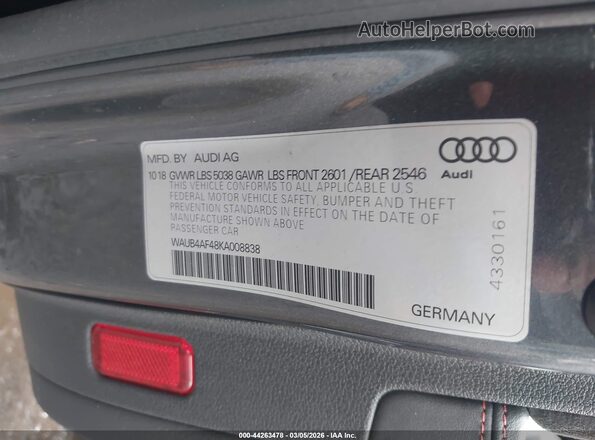 WAUB4AF48KA008838 2019 AUDI S4 Gray ძრავის განყოფილების ხედი
