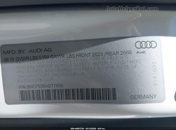 WAUB4CF50KA077656 2019 AUDI S5 Белый Вид подкапотного пространства