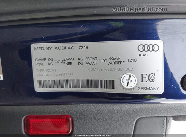 WAUB4CF53KA047261 2019 AUDI S5 Синий Вид подкапотного пространства