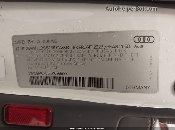 WAUB4CF56KA099838 2019 AUDI S5 Белый Вид подкапотного пространства