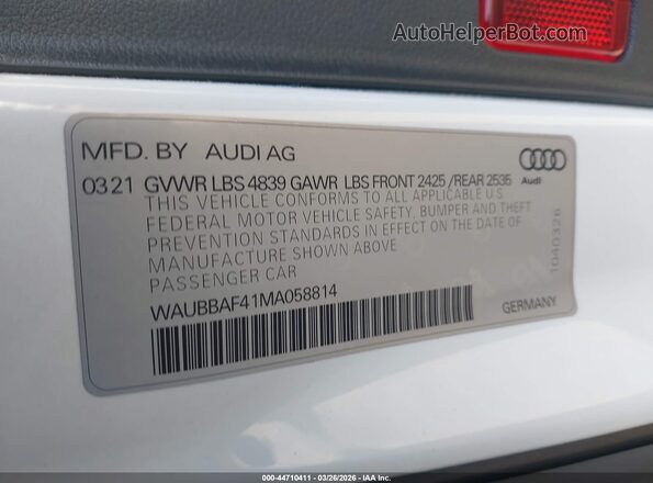 WAUBBAF41MA058814 2021 AUDI OTHER Черный Вид подкапотного пространства