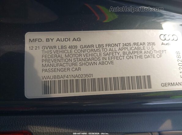 WAUBBAF41NA023501 2022 AUDI OTHER Gray Вид підкапотного простору