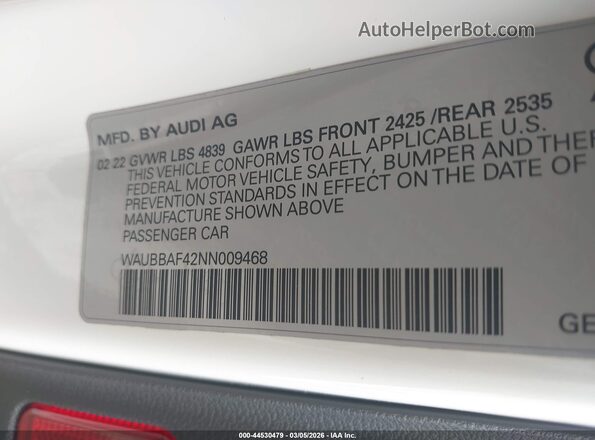 WAUBBAF42NN009468 2022 AUDI OTHER White Вид підкапотного простору