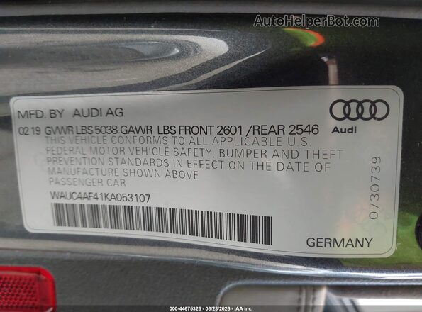 WAUC4AF41KA053107 2019 AUDI S4 Gray Widok komory silnika