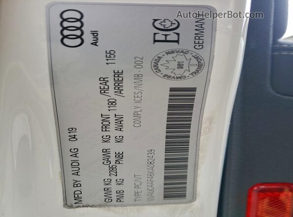 WAUC4AF46KA082439 2019 AUDI S4 White Вид наклейки з VIN-кодом