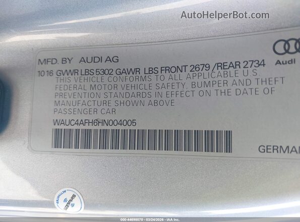 WAUC4AFH6HN004005 2017 AUDI S5 Silver ძრავის განყოფილების ხედი