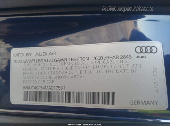 WAUC4CF54MA017581 2021 AUDI S5 Синий Вид подкапотного пространства