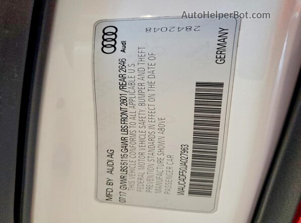 WAUC4DF50JA027963 2018 AUDI S5 Белый Вид наклейки с VIN-кодом
