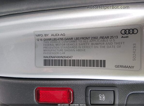 WAUDNAF4XHN054047 2017 AUDI OTHER Серебряный Вид подкапотного пространства