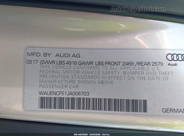 WAUENCF51JA006703 2018 AUDI OTHER Beige Vista del compartimento del motor