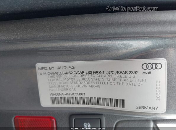 WAUGNAF45HA035863 2017 AUDI OTHER Gray Vista del compartimento del motor