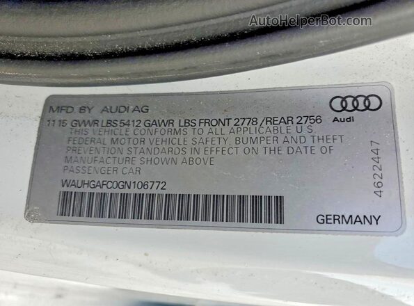 WAUHGAFC0GN106772 2016 AUDI OTHER White VIN sticker view