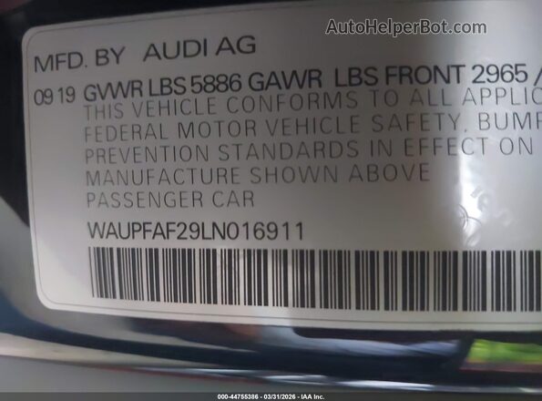 WAUPFAF29LN016911 2020 AUDI S7 Dark Blue Widok komory silnika