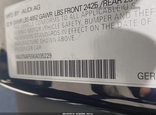 WAUTNAF55KA035229 2019 AUDI OTHER Black Vista del compartimento del motor