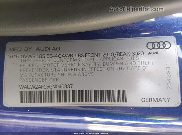 WAUW2AFC5GN040337 2016 AUDI S7 Синий Вид подкапотного пространства