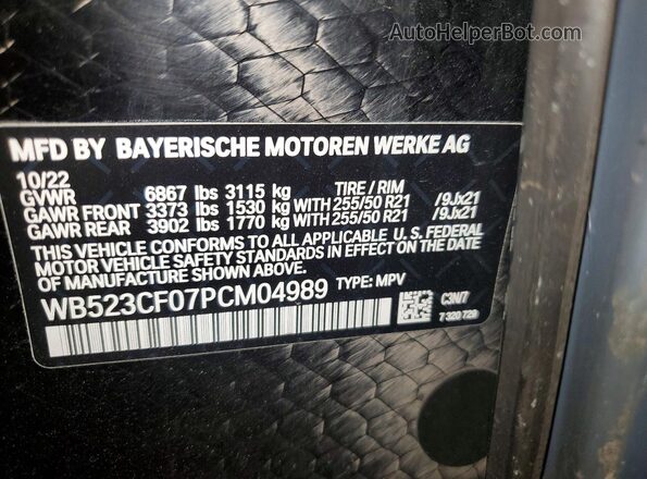WB523CF07PCM04989 2023 BMW IX Blue Widok naklejki z numerem VIN