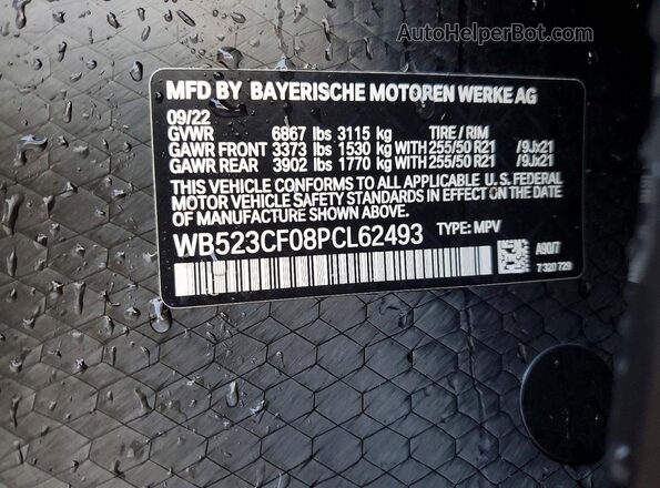 WB523CF08PCL62493 2023 BMW IX Gray Вид наклейки з VIN-кодом