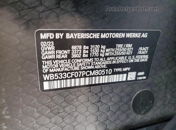 WB533CF07PCM80510 2023 BMW IX White VIN sticker view