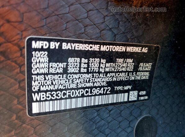 WB533CF0XPCL96472 2023 BMW IX Черный Вид наклейки с VIN-кодом