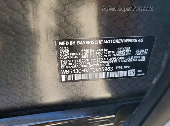 WB543CF03TCV15963 2026 BMW IX White Vista de la etiqueta del VIN
