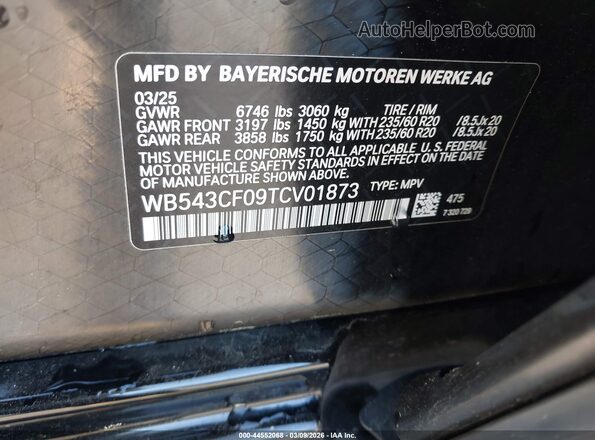 WB543CF09TCV01873 2026 BMW IX Черный Вид подкапотного пространства